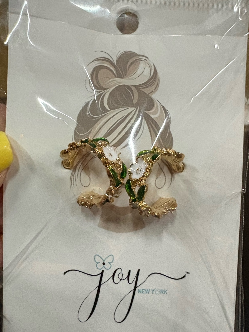 Joy New York Floral Hoop Earrings NWT Gold Tone White Flower Green Leaf